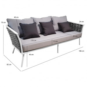 Canapé bas de jardin 3 places en aluminium blanc, tressage gris - RISE