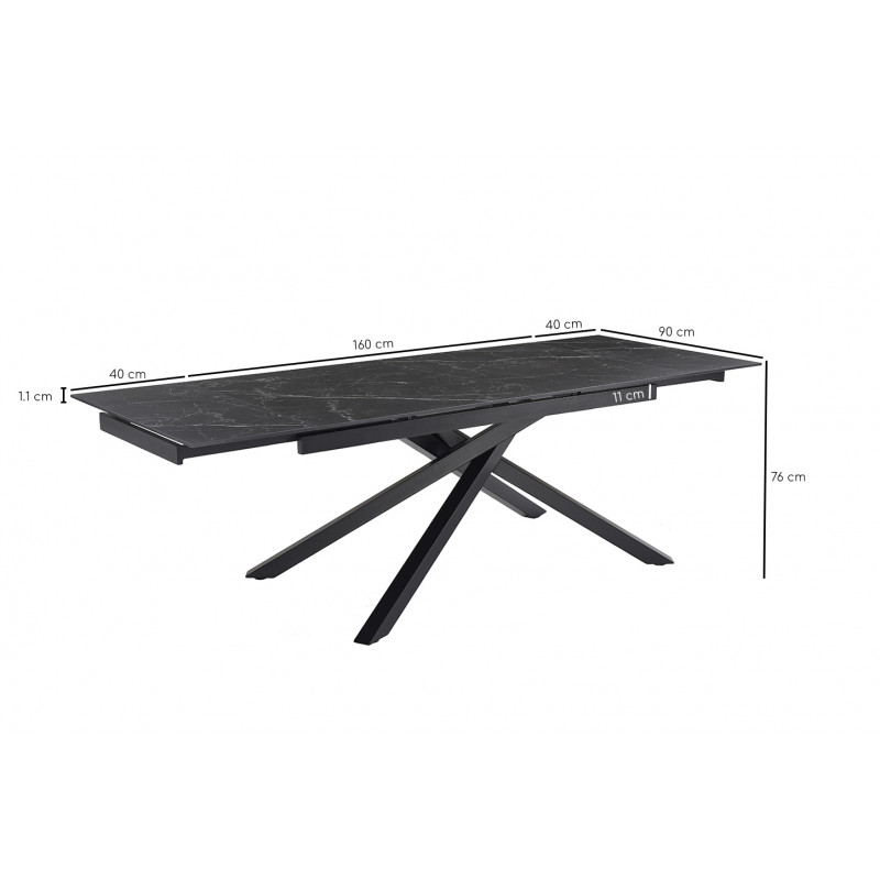 Table de repas extensible 160/240 cm en céramique noir marbré mat et pied torsadé en métal noir - INDIANA 05