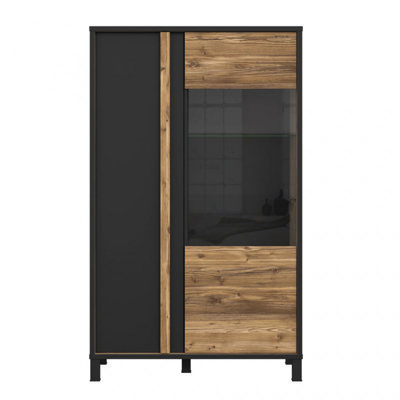 Vitrine 159x95 décor bois clair avec piètement en métal noir - CELIA