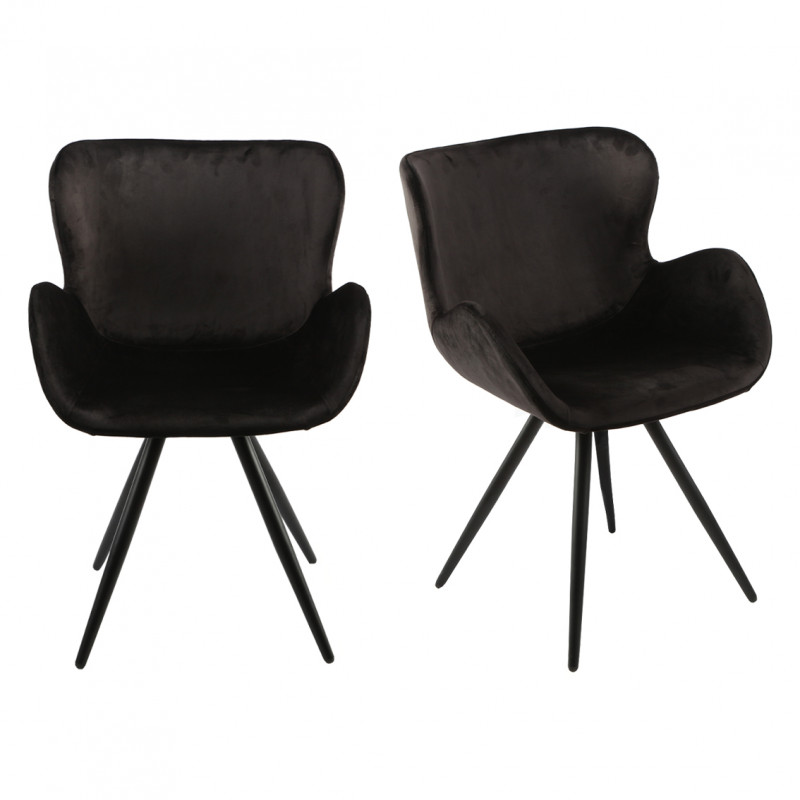 Lot de 2 Chaises Velours Noir et Pieds Métal Noir Fauteuil Design Contemporain Scandinave - LOTUS