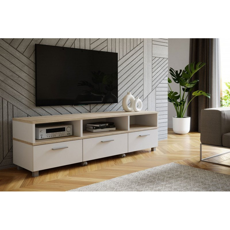 Meuble TV avec table basse à roulettes bois clair et blanchi - HELYA