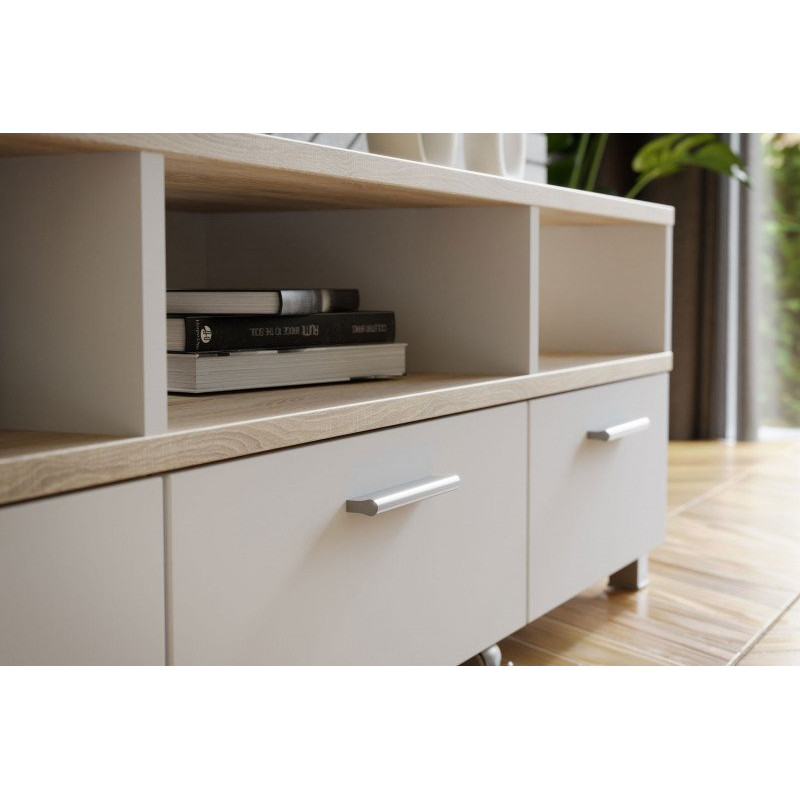 Meuble TV avec table basse à roulettes bois clair et blanchi - HELYA
