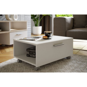 Meuble TV avec table basse à roulettes bois clair et blanchi - HELYA