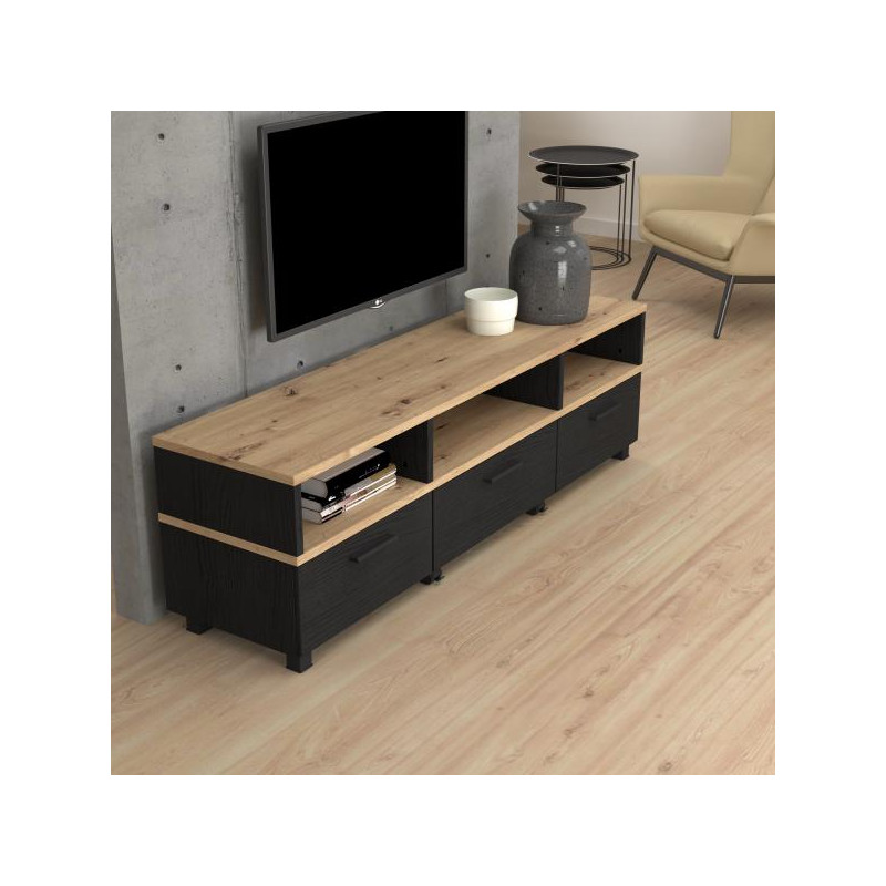 Meuble TV avec table basse à roulettes bois clair et noir - HELYA