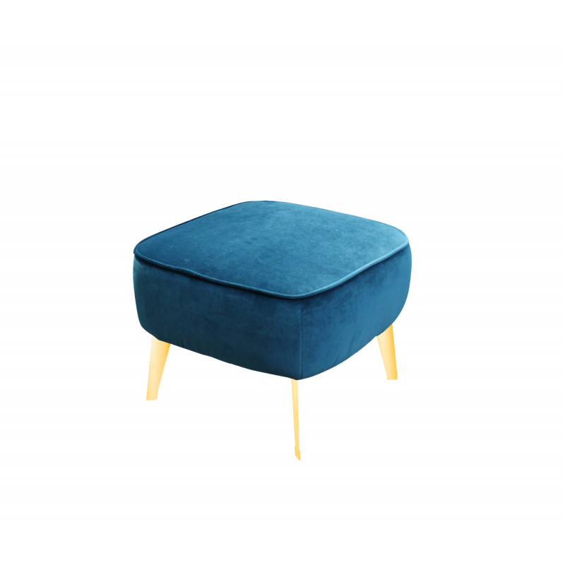Pouf repose-pied velours bleu canard et pieds métal doré - MARLOW