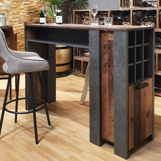 Table de bar 1 porte 9 niches effet bois vieilli / béton gris - BUCK