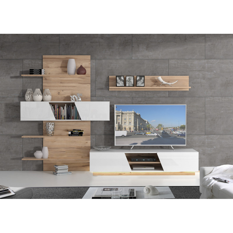 Ensemble meuble TV paroi murale blanc et aspect chêne clair - NOVA