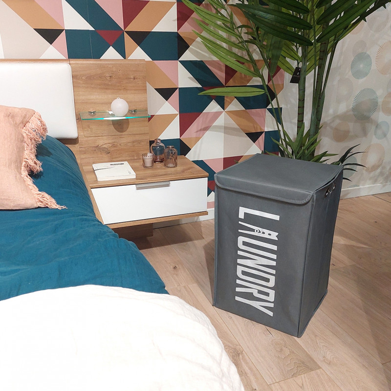 Panier à linge pliant carré en tissu gris avec couvercle - BASKET