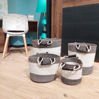 Lot de 4 paniers rond en corde de coton marron et blanc - COTON