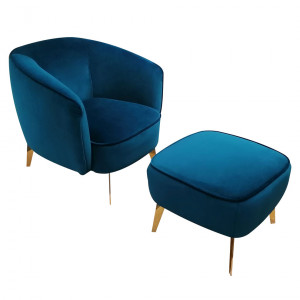 Fauteuil velours bleu canard et pieds métal doré - MARLOW