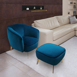 Pouf repose-pied velours bleu canard et pieds métal doré - MARLOW