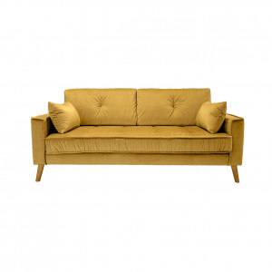 Canapé droit 2,5 places en velours jaune moutarde avec accoudoirs 2 coussins pieds inclinés bois - design classique chic - VLAD