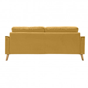 Canapé droit 2,5 places en velours jaune moutarde avec accoudoirs 2 coussins pieds inclinés bois - design classique chic - VLAD