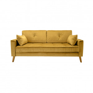 Canapé droit 3 places en velours jaune moutarde avec accoudoirs 2 coussins pieds inclinés bois - design classique chic - VLAD
