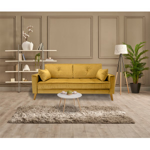 Canapé droit 3 places en velours jaune moutarde avec accoudoirs 2 coussins pieds inclinés bois - design classique chic - VLAD