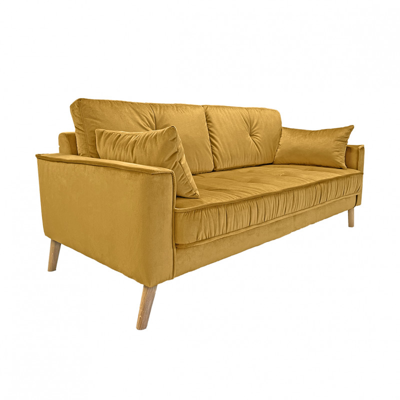 Canapé droit 3 places en velours jaune moutarde avec accoudoirs 2 coussins pieds inclinés bois - design classique chic - VLAD