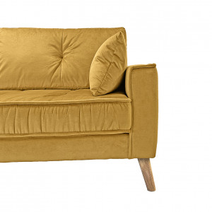 Canapé droit 3 places en velours jaune moutarde avec accoudoirs 2 coussins pieds inclinés bois - design classique chic - VLAD