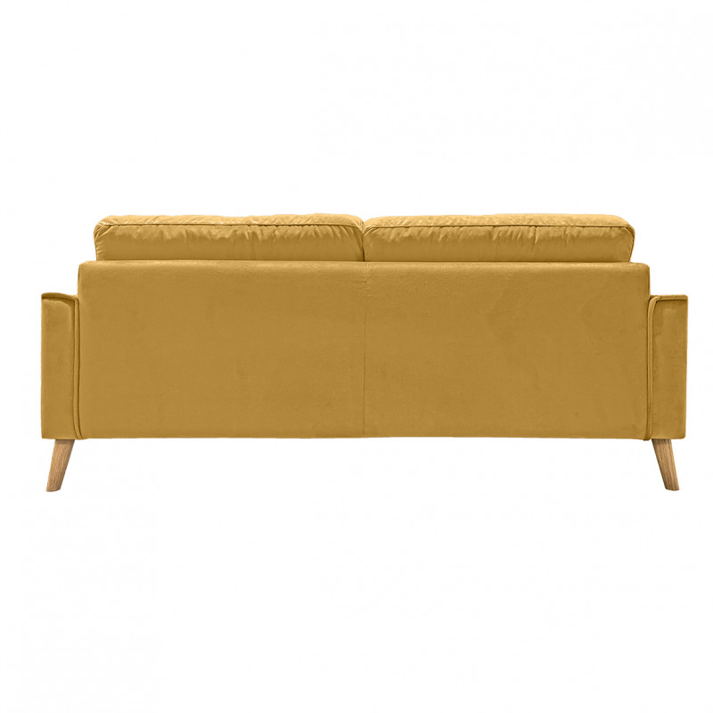 Canapé droit 3 places en velours jaune moutarde avec accoudoirs 2 coussins pieds inclinés bois - design classique chic - VLAD