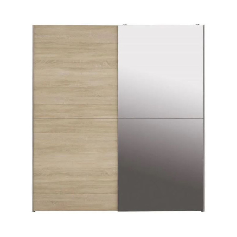 Armoire 2 portes coulissantes 5 tablettes décor bois et miroir - JEIK