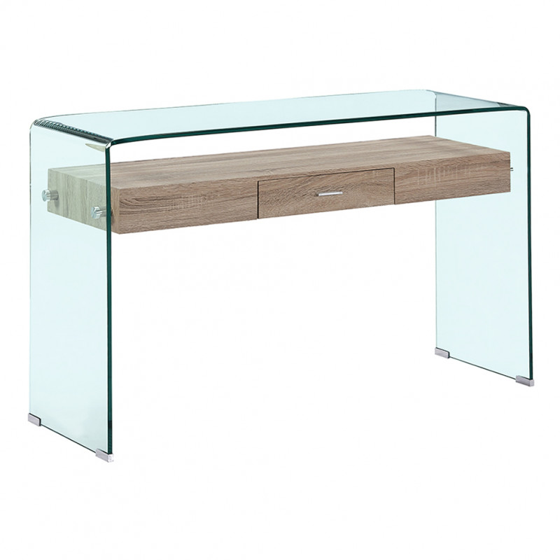 Console L125 cm en verre trempé avec tiroir décor chêne - ICE