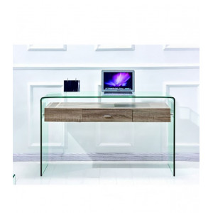 Console L125 cm en verre trempé avec tiroir décor chêne - ICE