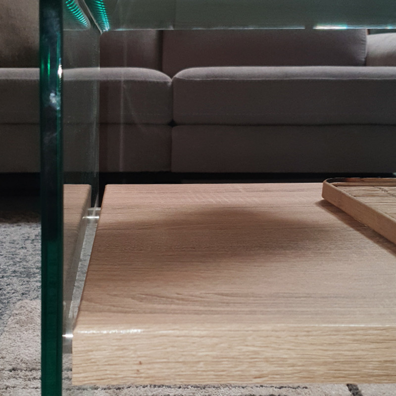 Table d'appoint en verre trempé et étagère en bois décor chêne - ICE