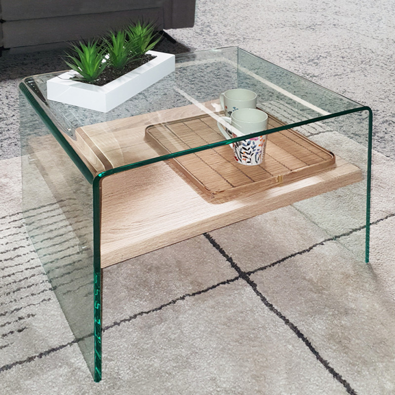 Petite table d'appoint  en verre - bout de canape avec étagère en bois décor chêne - ambiance moderne - ICE
