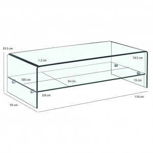 Table basse rectangulaire en verre trempé avec étagère vitrée - ICE