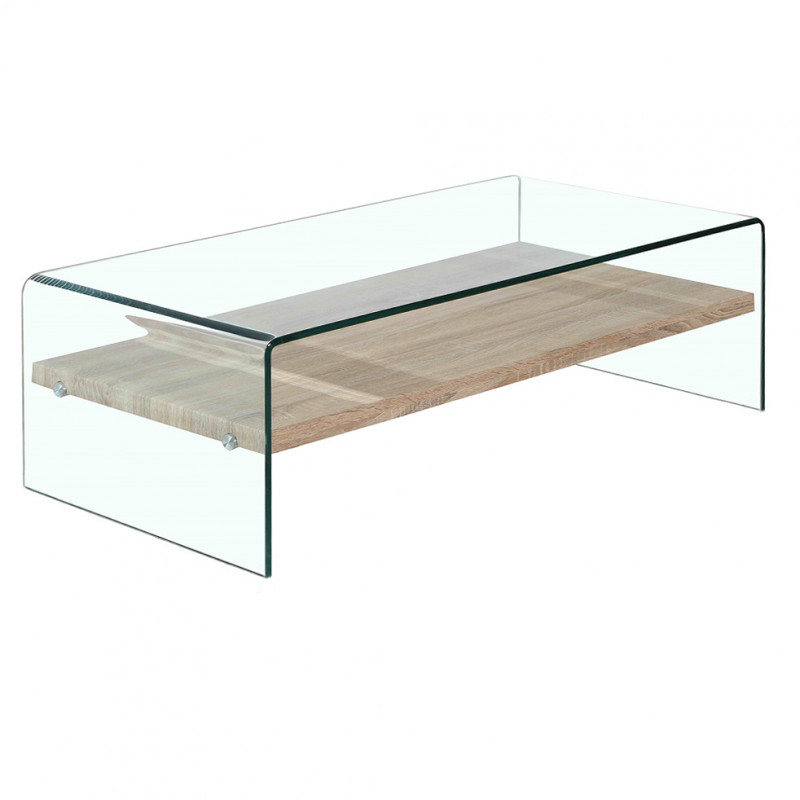 Table basse en verre trempé avec étagère en bois décor chêne - ICE