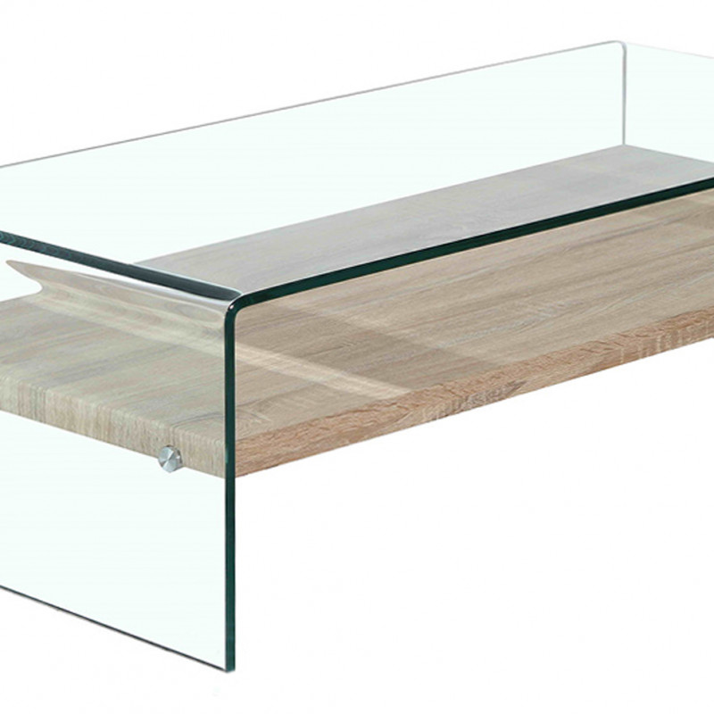 Table basse 110 cm en verre trempé avec étagère décor chêne - ICE
