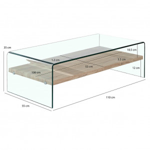 Table basse en verre trempé avec étagère en bois décor chêne - ICE