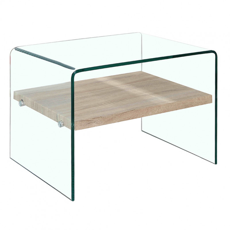 Petite table d'appoint  en verre - bout de canape avec étagère en bois décor chêne - ambiance moderne - ICE