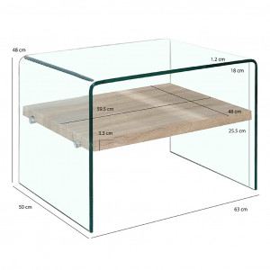 Table d'appoint en verre trempé et étagère en bois décor chêne - ICE