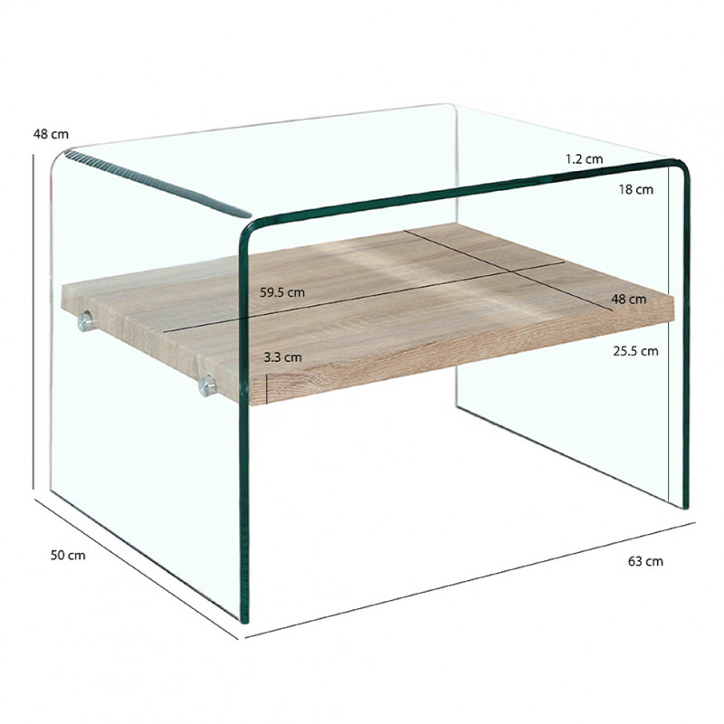 Table d'appoint H. 48 cm en verre trempé et étagère décor chêne - ICE