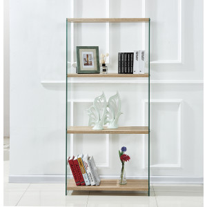 Bibliothèque en verre trempé et étagère bois décor chêne H164 cm - ICE
