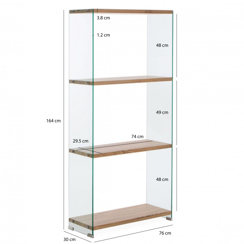 Etagère bibliothèque en verre trempé et 4 plateaux en bois MDF - design contemporain - ICE /L