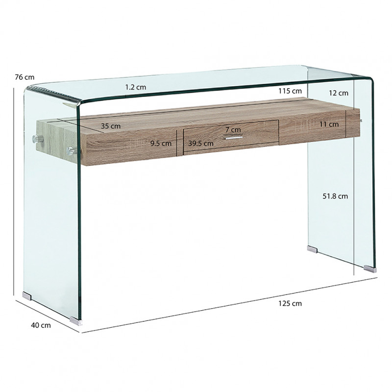 Console L125 cm en verre trempé avec tiroir décor chêne - ICE