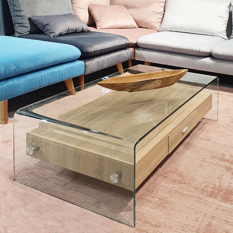 Table basse 110 cm en verre trempé avec tiroir décor chêne - ICE