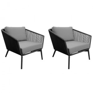 Lot de 2 fauteuils de jardin en aluminium et coussins moelleux en tissu gris anthracite avec cordage noir - PARADISE