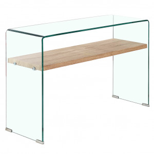 Console en verre trempé étagère en bois décor chêne - ICE