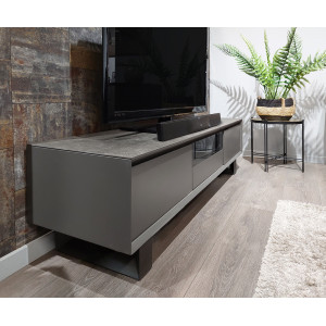 Meuble TV gris anthracite en céramique pieds métal 3 tiroirs - CERAMIK