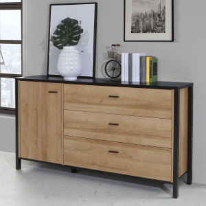 Buffet L151 cm décor noir et effet chêne avec poignées noir - MODE