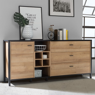 Buffet L186 cm décor noir et effet chêne avec poignées noir - MODE