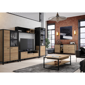 Buffet L186 cm décor noir et effet chêne avec poignées noir - MODE