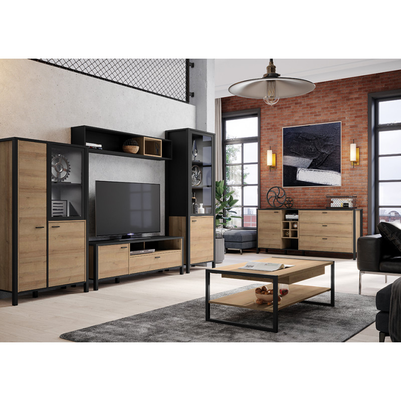 Vitrine réversible décor noir et effet chêne avec poignée noir - MODE