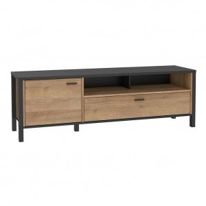 Meuble TV L151 cm décor noir et effet chêne avec poignées noir - MODE