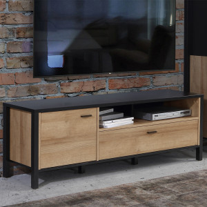 Meuble TV L151 cm décor noir et effet chêne avec poignées noir - MODE