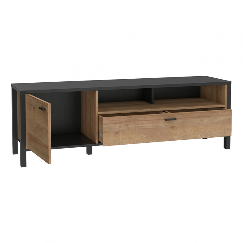 Meuble TV L151 cm décor noir et effet chêne avec poignées noir - MODE