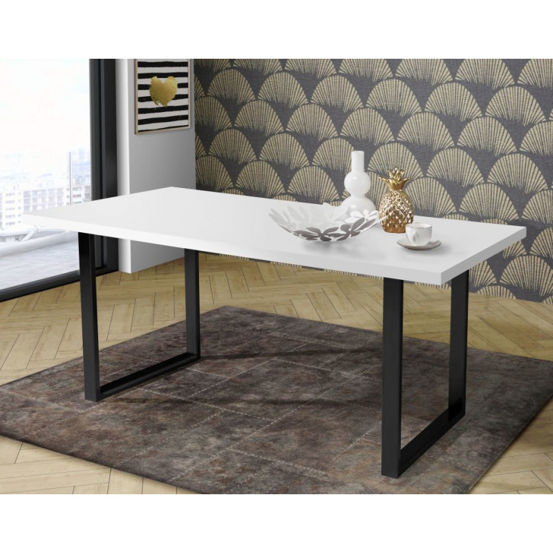 Table de repas L180 cm plateau blanc pieds luge métal noir - LOIRE 02