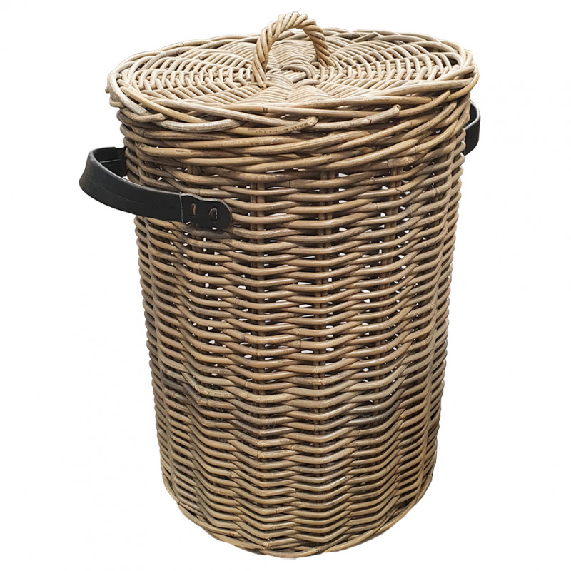 Panier à linge rond en kubu tressé et poignées simili cuir - RANGOUN L